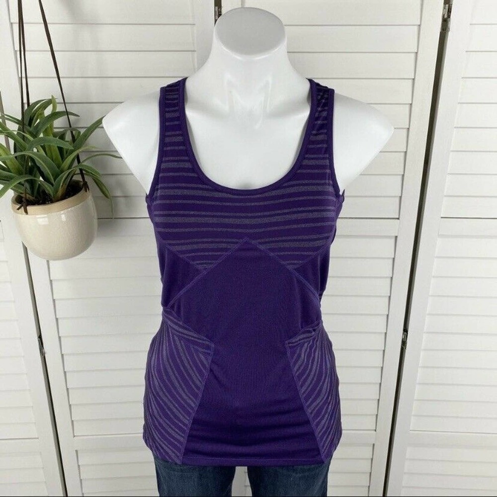 Athleta Dash Drop Tank Top Purple Silver Geometric Striped‎ Shirt Womens Size XS